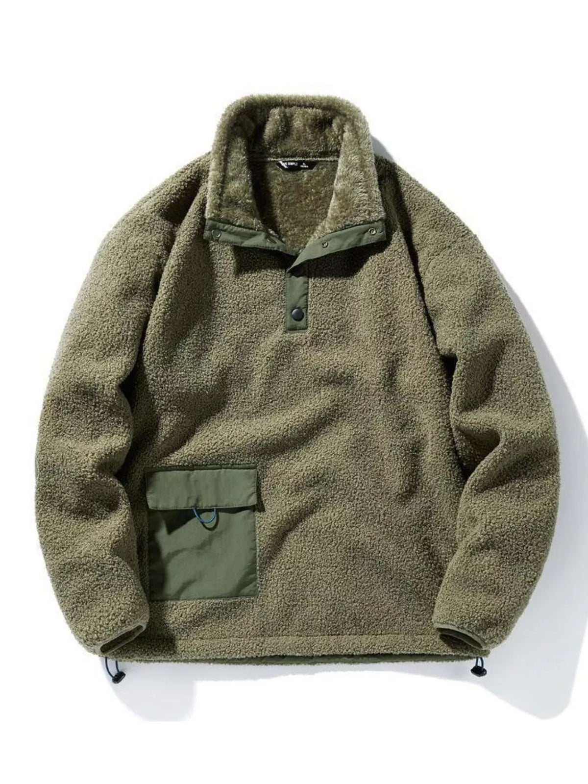 Plus-size olive green fleece pullover sweatshirt with snap collar and chest pocket