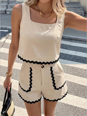 Scalloped trim tank and shorts set in beige with black trim. Square neck tank top and high-waisted shorts.