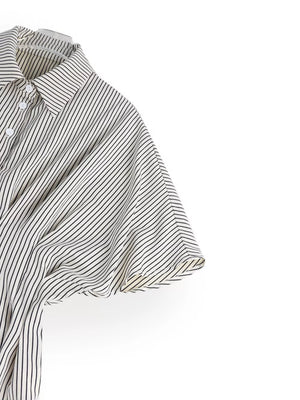 Maternity striped cinched waist shirt with button-down front and short sleeves.