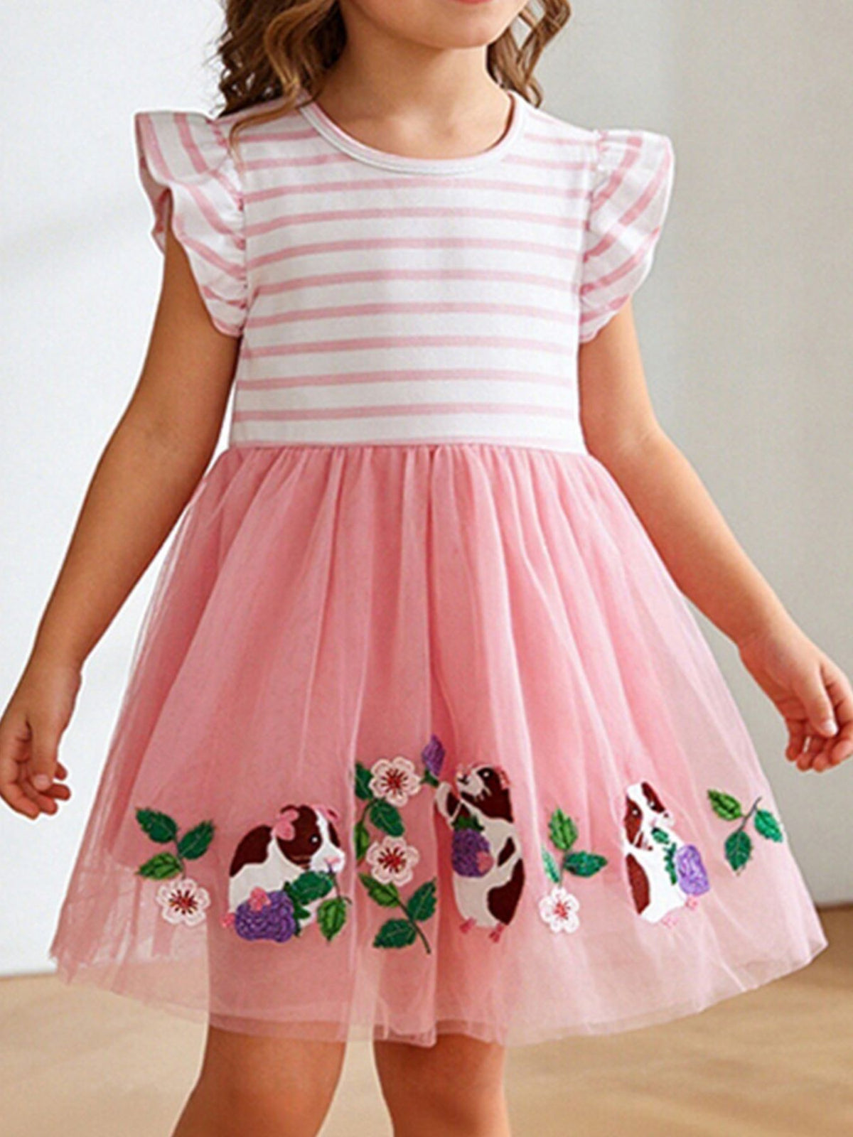 Toddler pink tulle dress with embroidered guinea pigs and flowers, striped top, flutter sleeves.