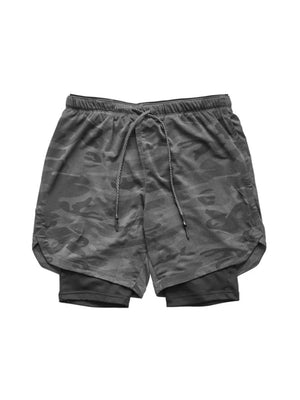 Gray camouflage layered performance shorts with drawstring and built-in compression shorts.