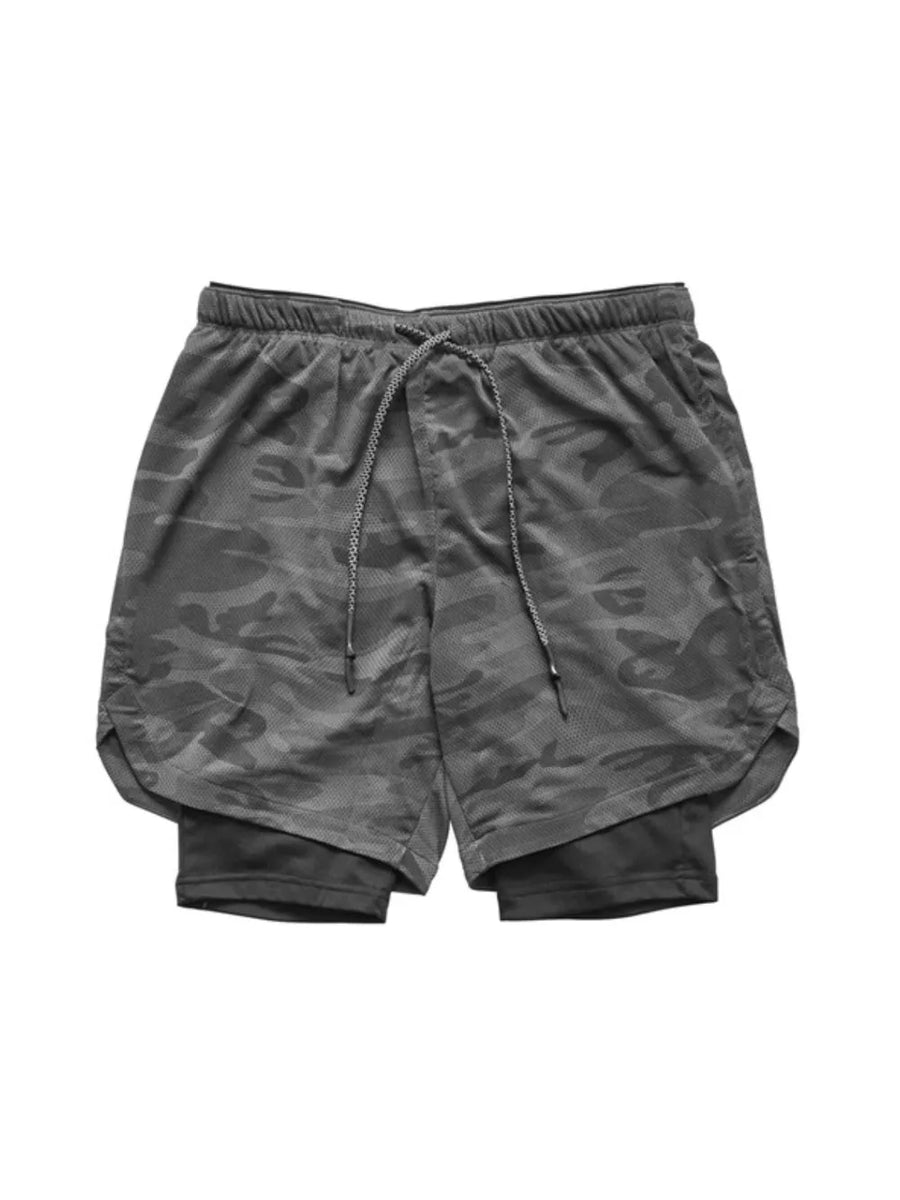 Gray camouflage layered performance shorts with drawstring and built-in compression shorts.
