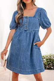 Denim puff sleeve square neck dress with button front and pockets