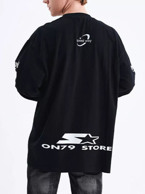 Black cotton oversized t-shirt with "speed way" graphic and "ON79 STORE" logo.