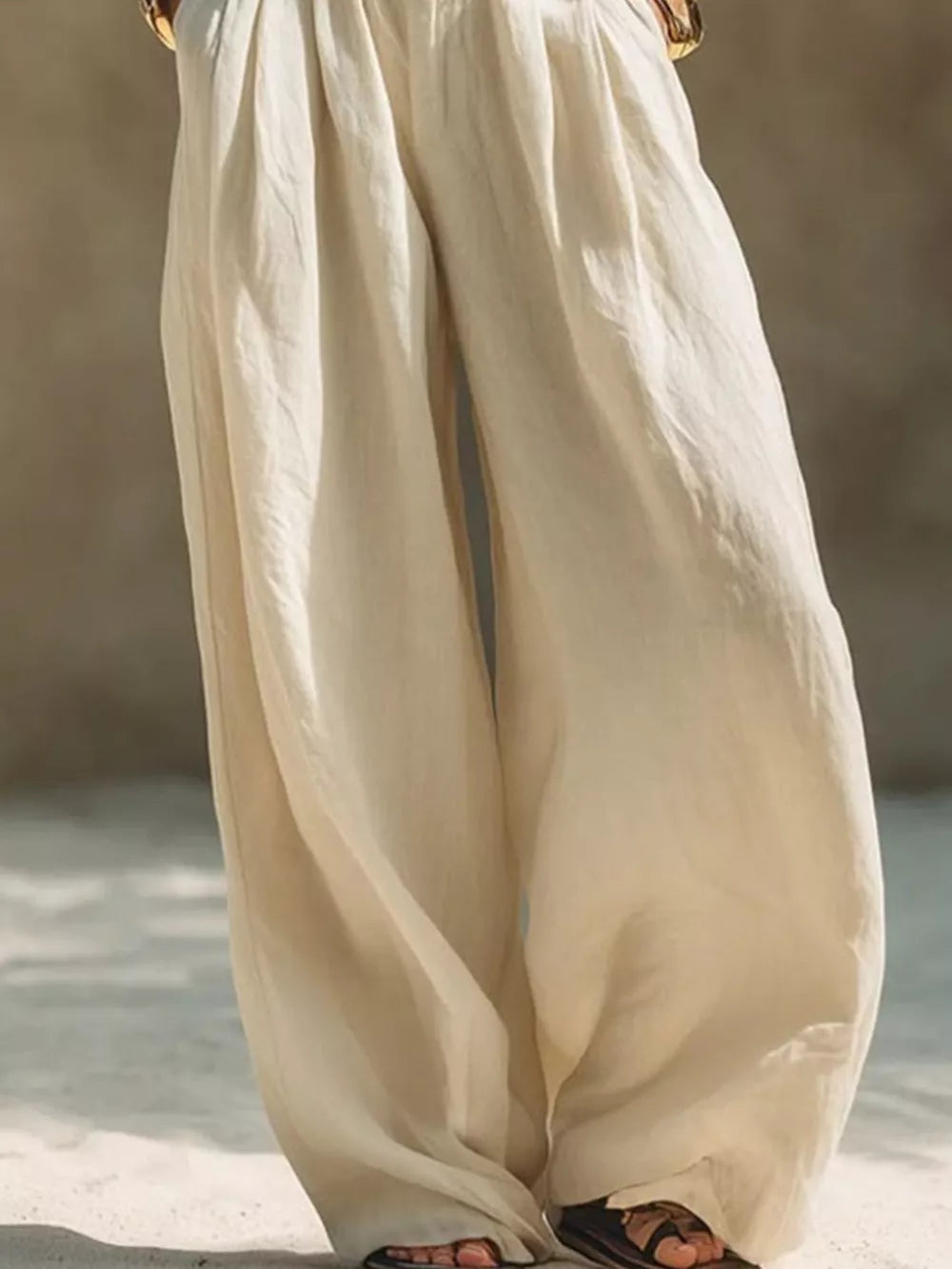 Khaki Full Size Elastic Waistband Wide Leg Pants