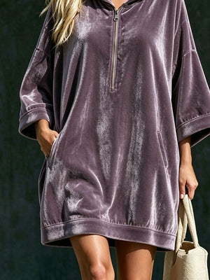 Full Size Half-Zip 3/4 Sleeve Hoodie Dress Plus Size in Pastel Yellow
