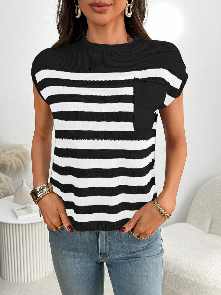 Black and white striped knit sweater with cap sleeves and a chest pocket.