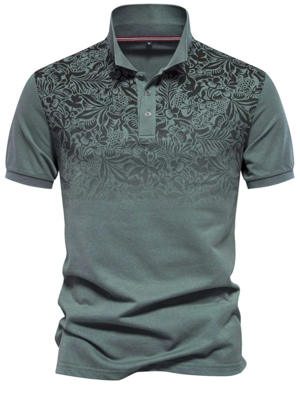 Floral ombre polo shirt with short sleeves and a buttoned collar in a grey-green hue.