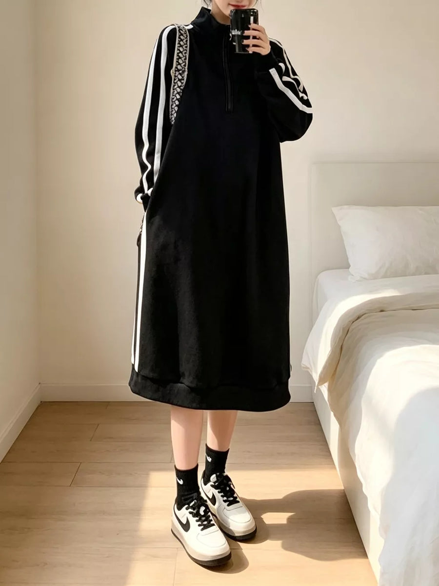 Black with Casual Quarter-zip Mock Neck Midi Dress in Black