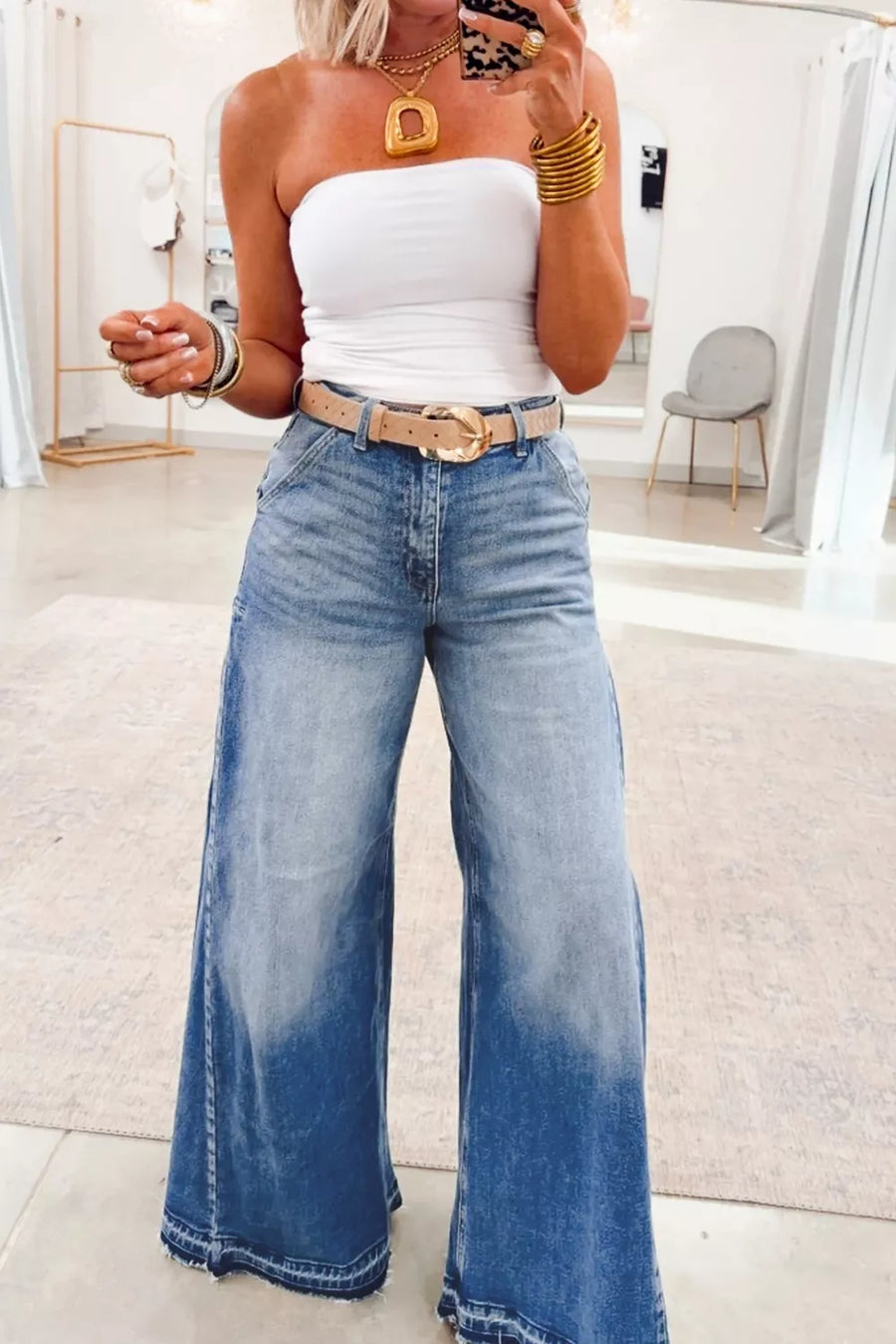 Side Seam Gathering Flare Leg Jeans option 5
