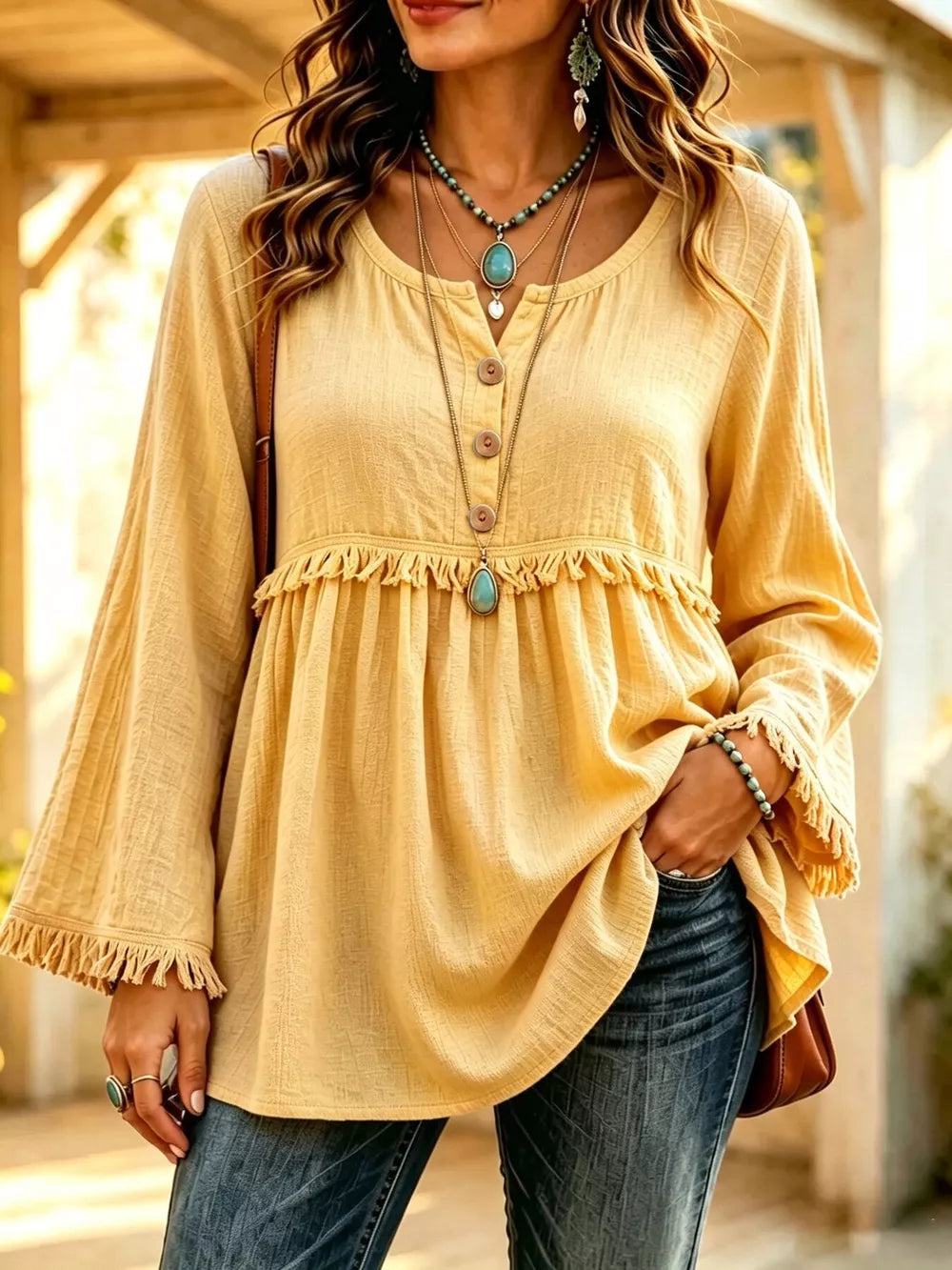 Mustard blouse with hip-length and half-button