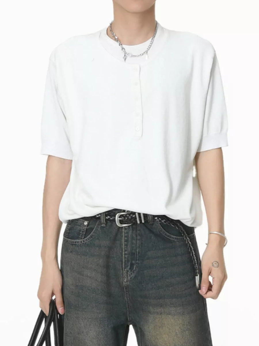 White short sleeve henley t-shirt with button placket and crew neck.
