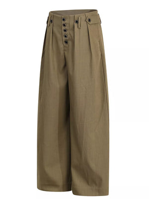 Olive wide-leg men's sweatpants with pinstripe detail and button fly.