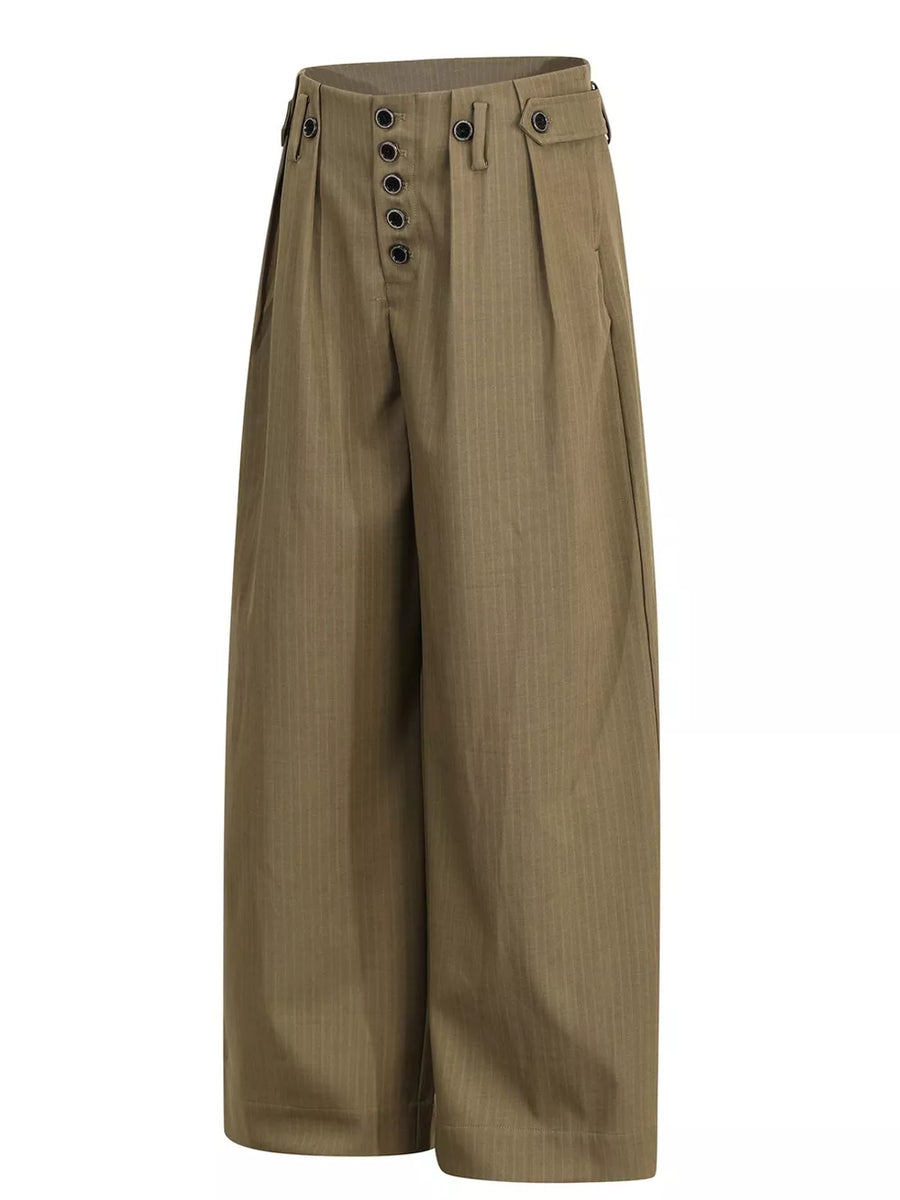 Olive wide-leg men's sweatpants with pinstripe detail and button fly.