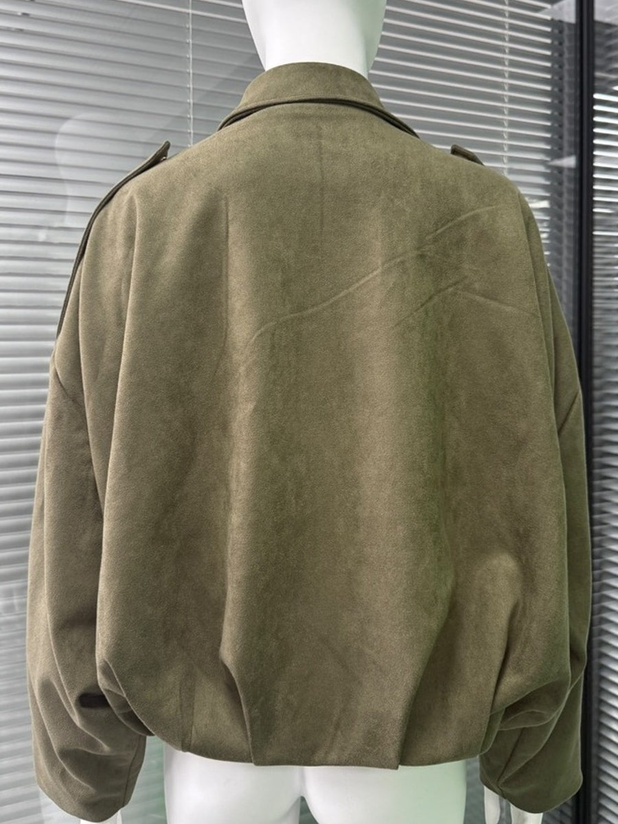 Army Green oversized bomber jacket with collared