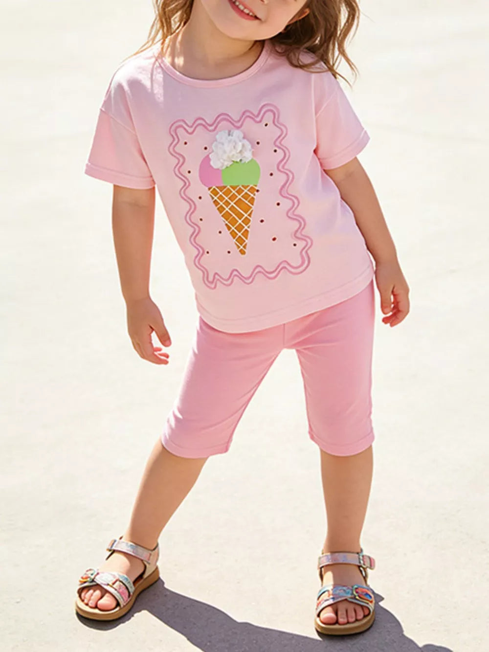 Pink cotton capri set with ice cream graphic tee and capri shorts.