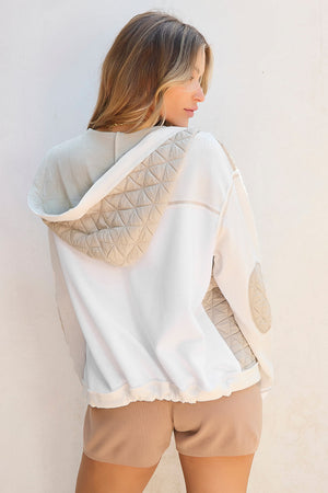 Vonili Quilted Panel Waffle Knit Hoodie in White with adjustable drawstring hood