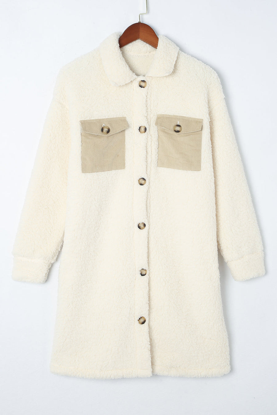 Beige sherpa coat with corduroy patch pockets and button front.
