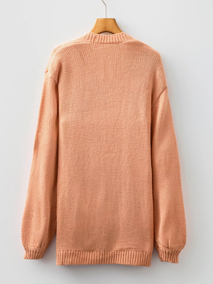 Embroidered Pumpkin Midi Cardigan in Sherbet, a knit sweater with crew neck and long sleeves.