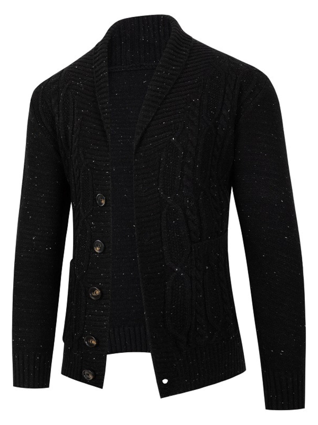 Black cardigan featuring buttoned and speckled