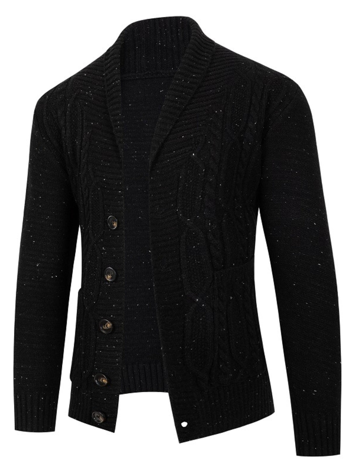 Black cardigan featuring buttoned and speckled