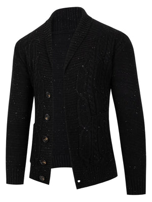 Black cardigan featuring buttoned and speckled