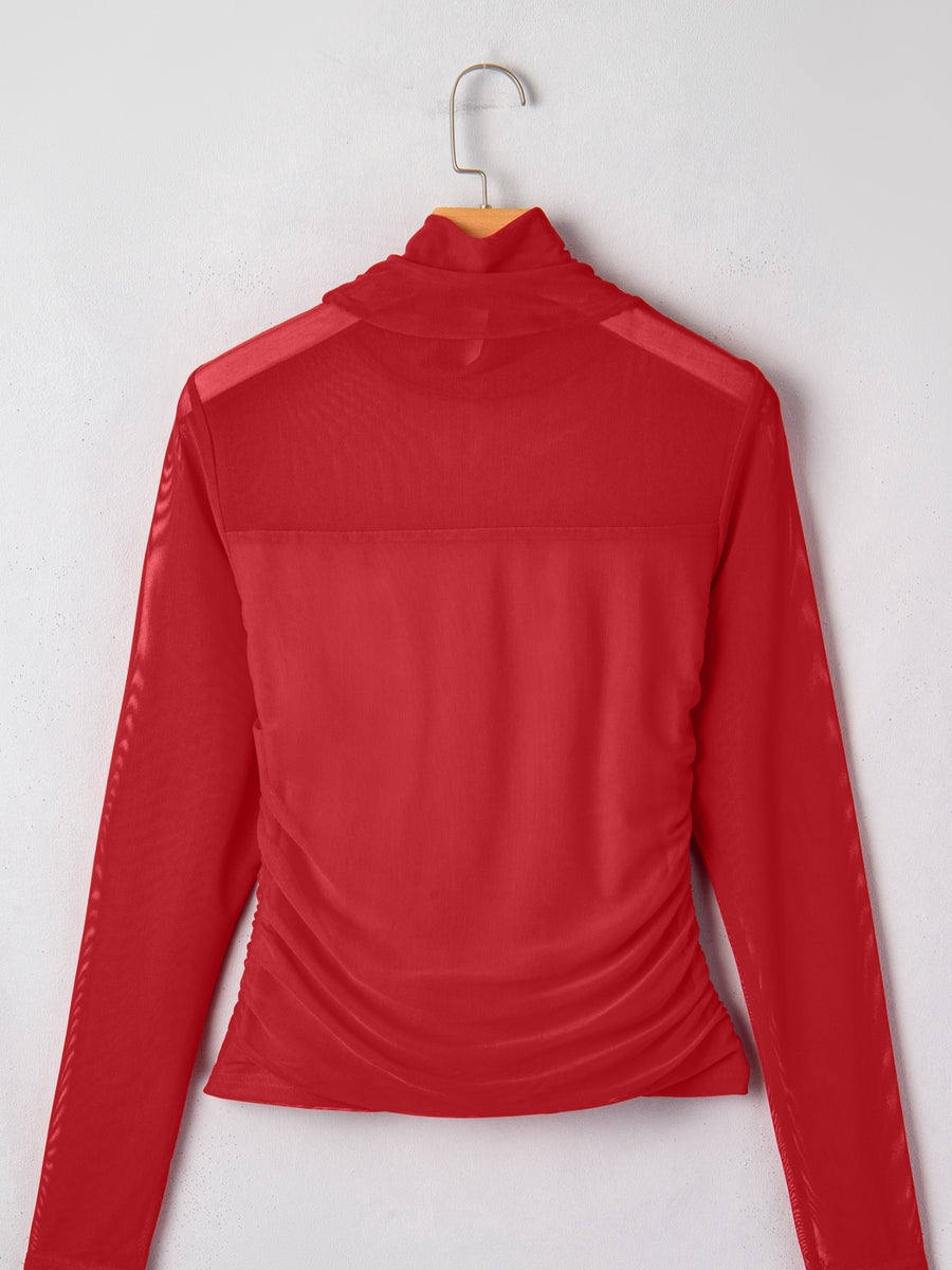 Sheer mesh patchwork high neck long sleeve maternity top in deep red with ruched sides.