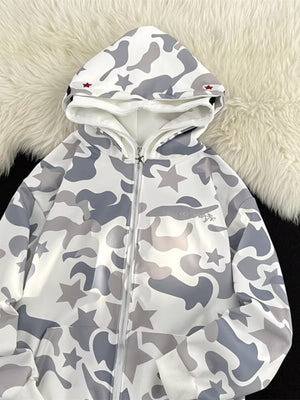 White and grey camouflage zip-up hoodie with stars