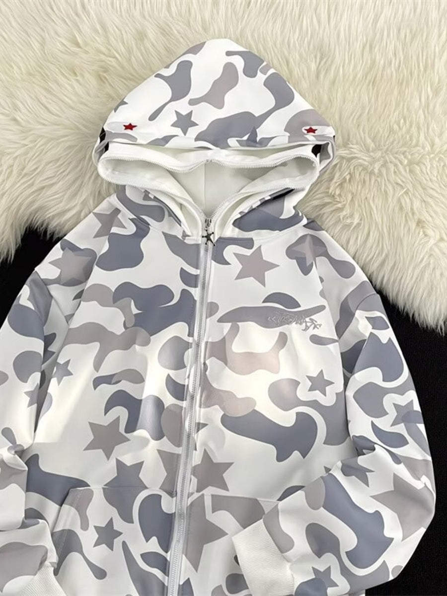 White and grey camouflage zip-up hoodie with stars