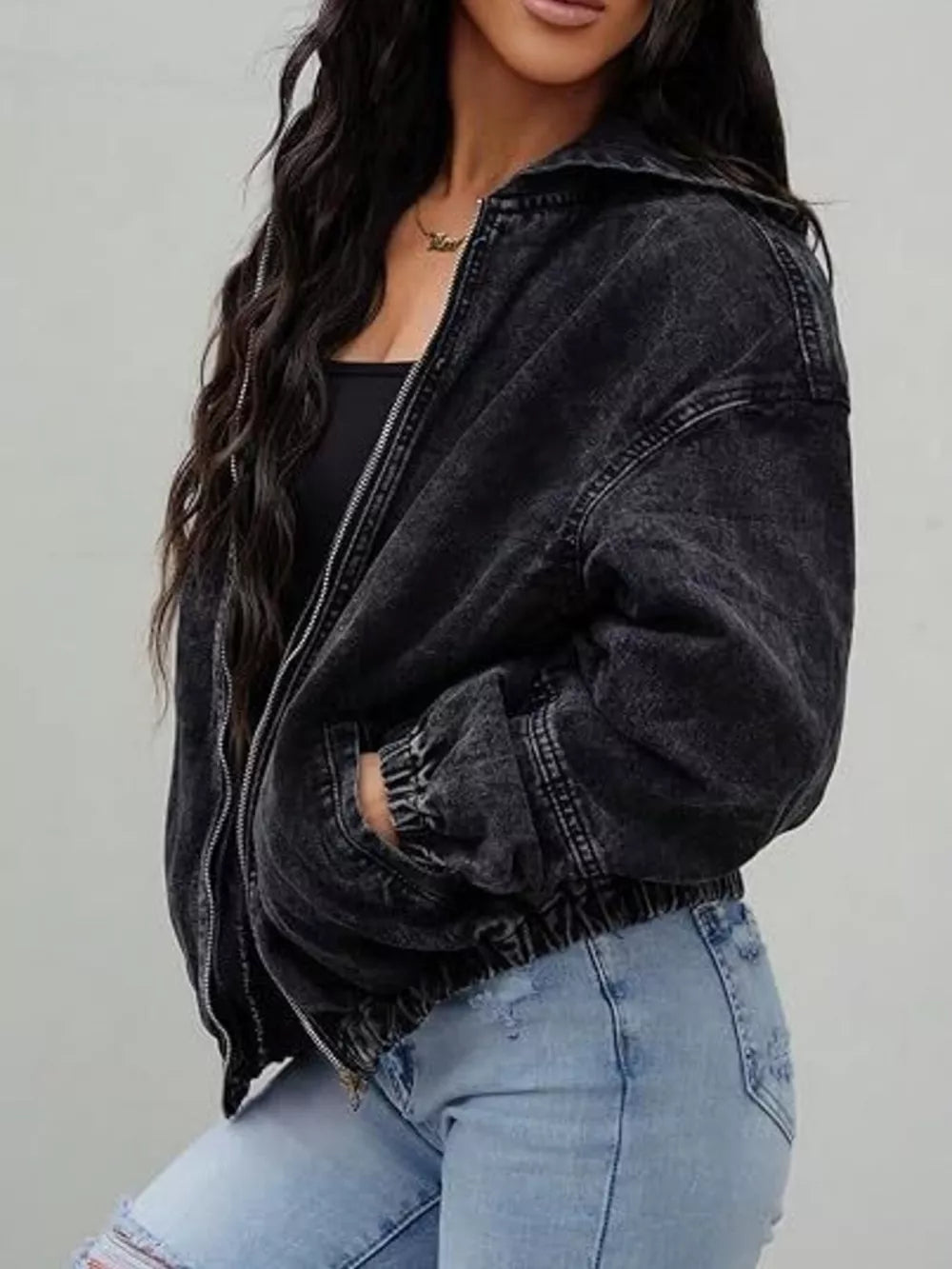 95%cotton, 5%spandex Care instructions: Machine wash cold denim jacket in Black with oversized silhouette