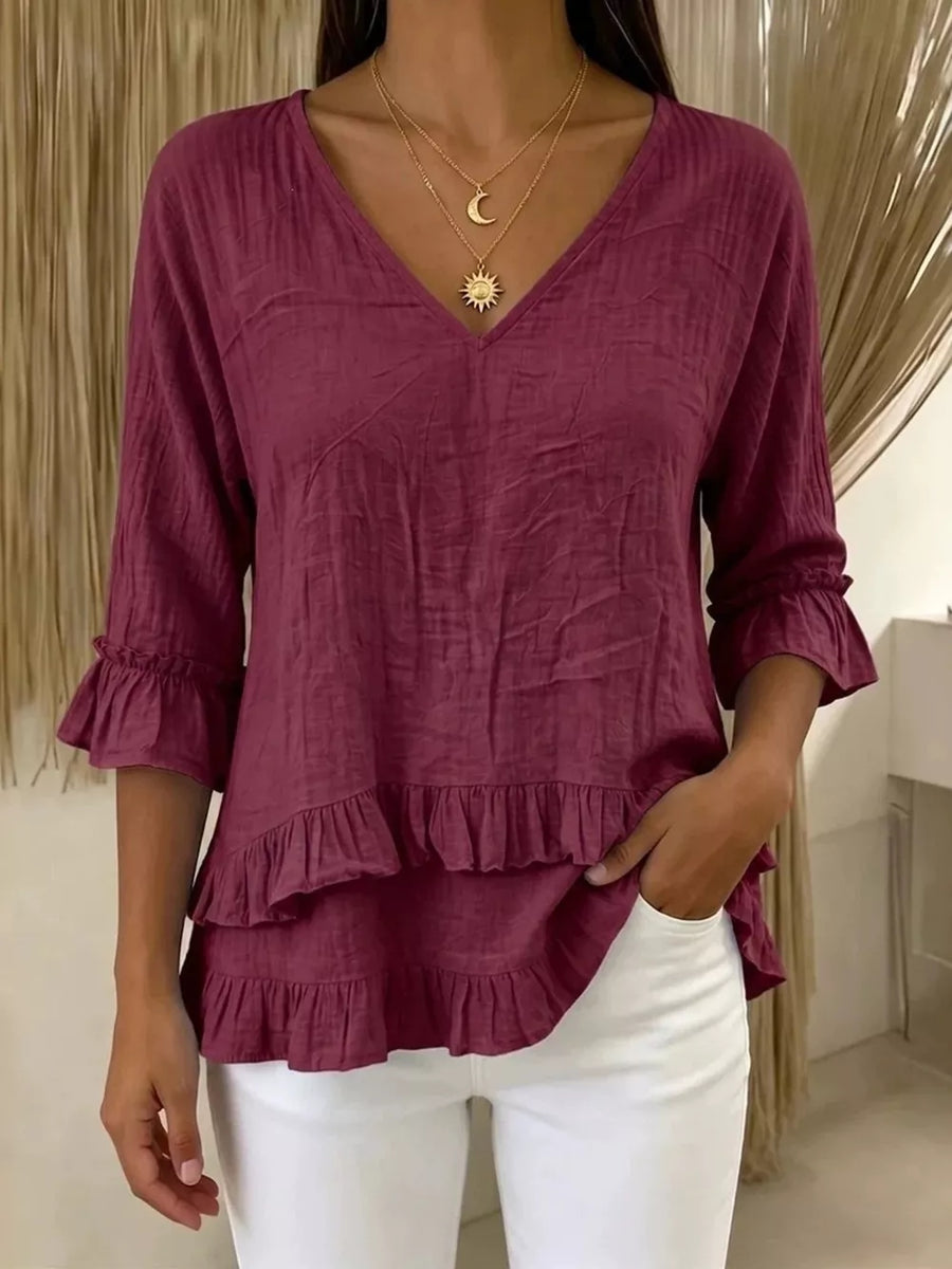 Green V-neck Ruffle Sleeve Top