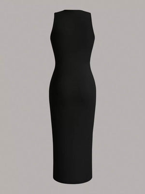 Sleeveless round neck midi dress in black, with a fitted silhouette.