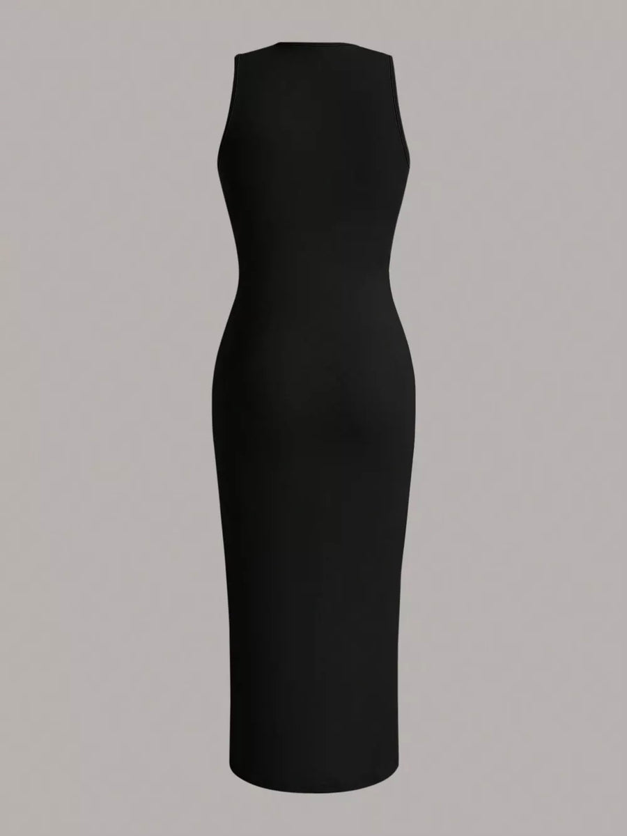 Sleeveless round neck midi dress in black, with a fitted silhouette.