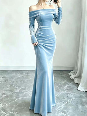 Off-Shoulder Velvet Mermaid Maxi Dress Plus Size in Navy with off-shoulder