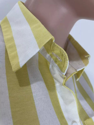Yellow and white striped button-up shirt with a collar.