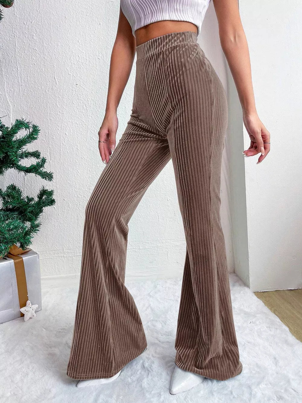 Taupe corduroy maternity flare pants with high waist and bell bottoms