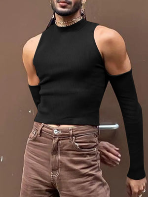 Black ribbed sleeveless mock neck top with detachable sleeves