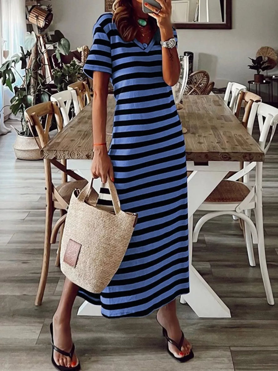 White Full Size Striped V-neck Midi Dress With Side