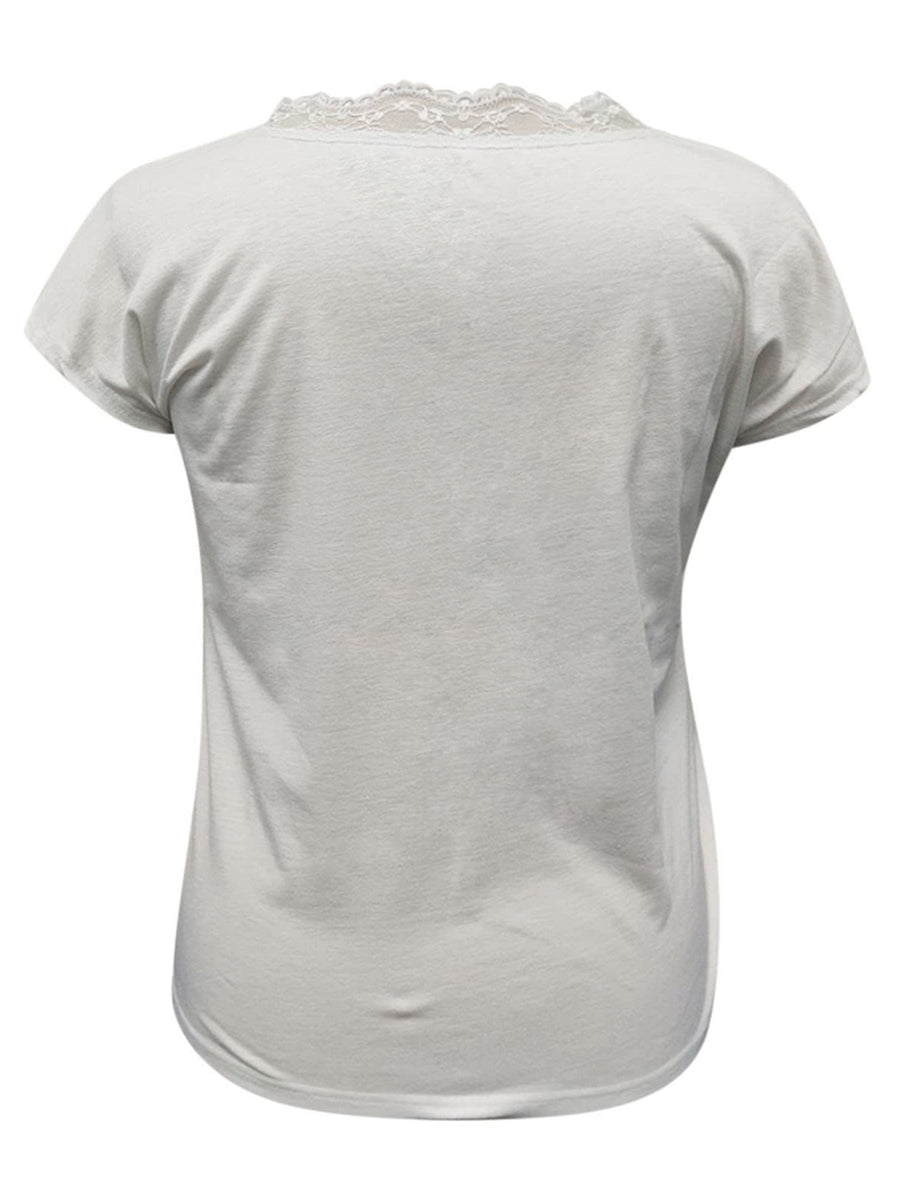 White cap sleeve blouse with lace trim neckline