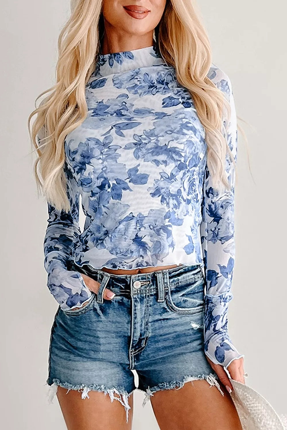 Light Blue Floral Print Long Sleeve Mesh Top