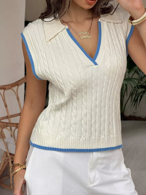 Cable Knit Polo Sweater Vest With Contrast Trim in Beige