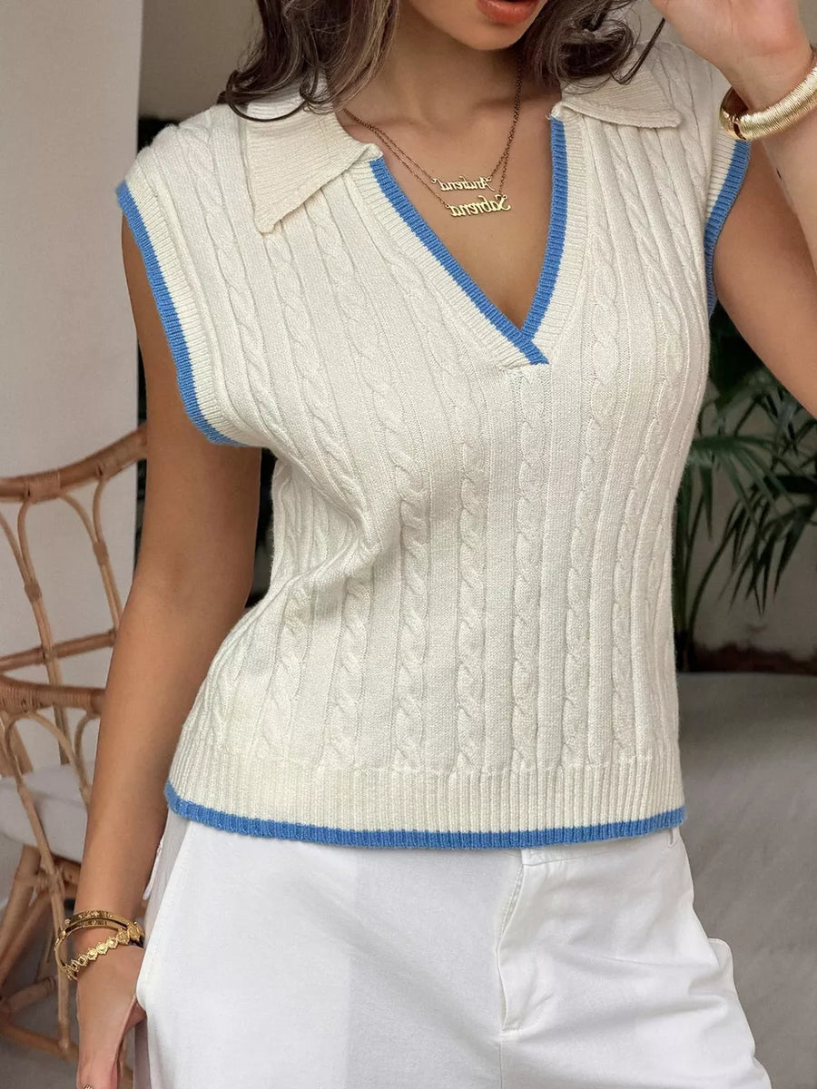 Cable Knit Polo Sweater Vest With Contrast Trim in Beige