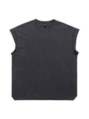 Distressed relaxed fit men's tank top in dark gray cotton blend with raw hem sleeves.