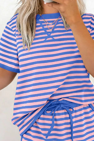 Relaxed two-piece set with blue and pink stripes, crew neck top and drawstring shorts.
