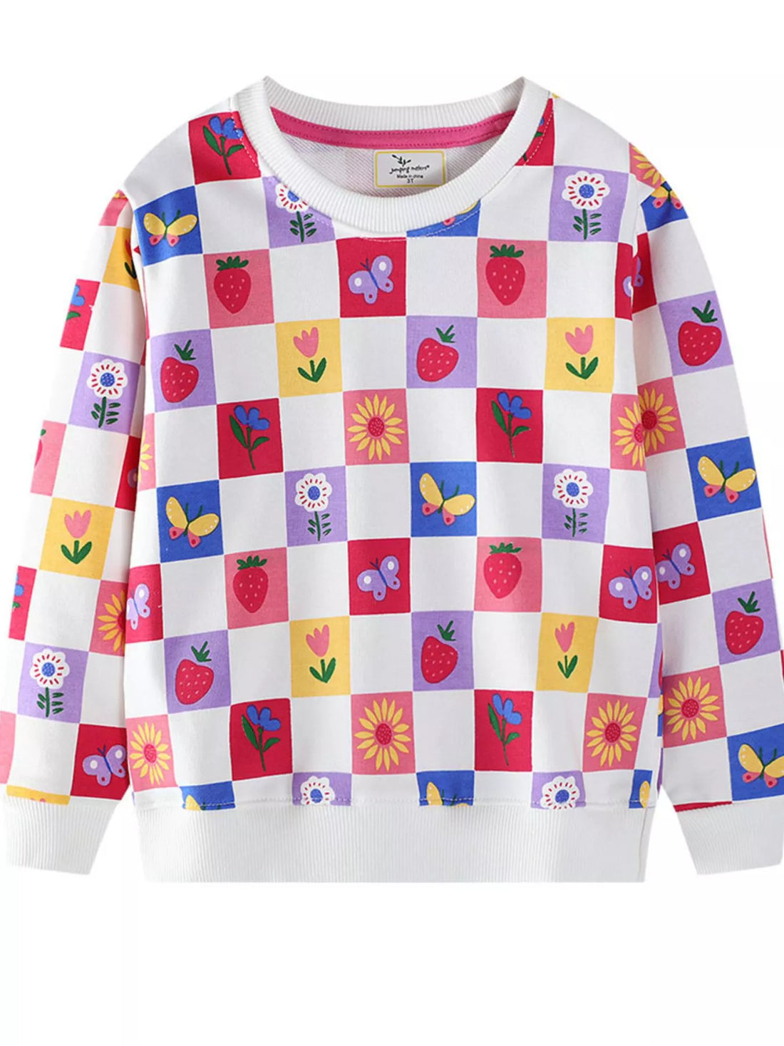 Baby sweatshirt with multicolor checkered pattern of strawberries, flowers, and butterflies.