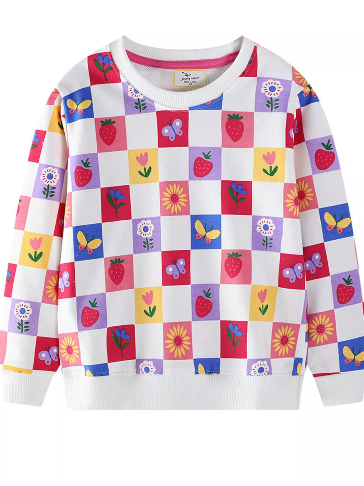 Baby sweatshirt with multicolor checkered pattern of strawberries, flowers, and butterflies.
