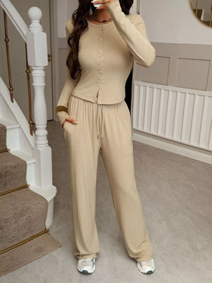 Apricot button-front long sleeve top and wide-leg drawstring pants set.
