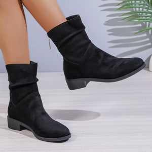 Black suede ankle boots with ruched shaft and block heel