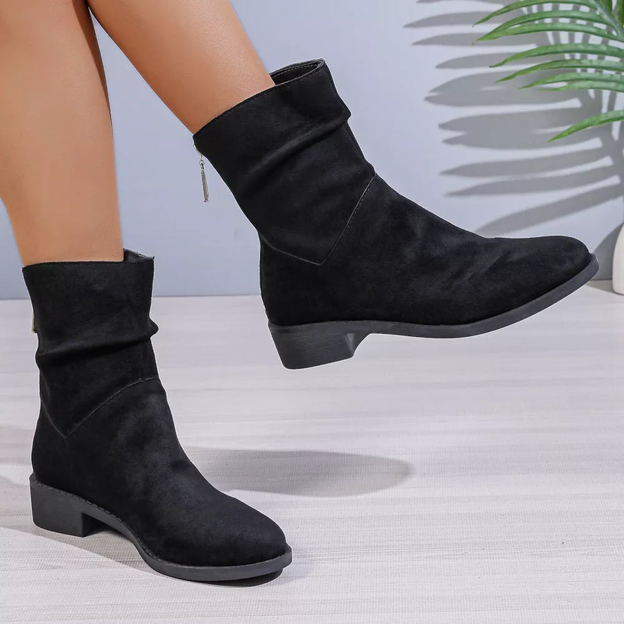 Black suede ankle boots with ruched shaft and block heel