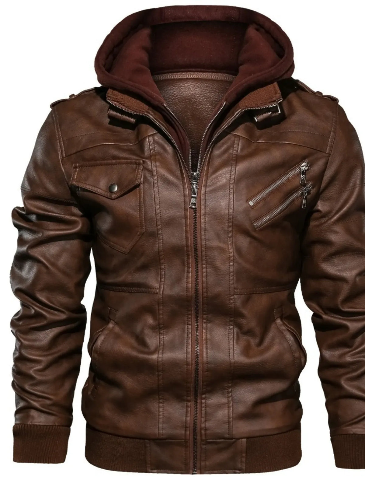 Brown hooded leather jacket with zip pockets and snap chest pocket
